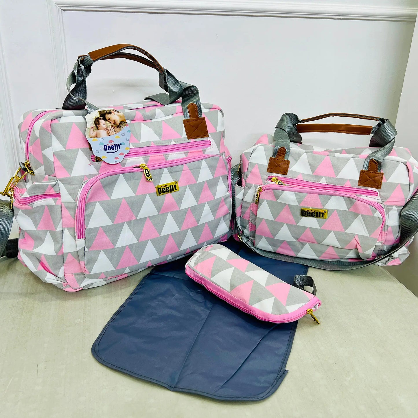 DEELIT 4-in-1 Diaper Bag Set – Large & Small Bags with Changing Mat & Pouch