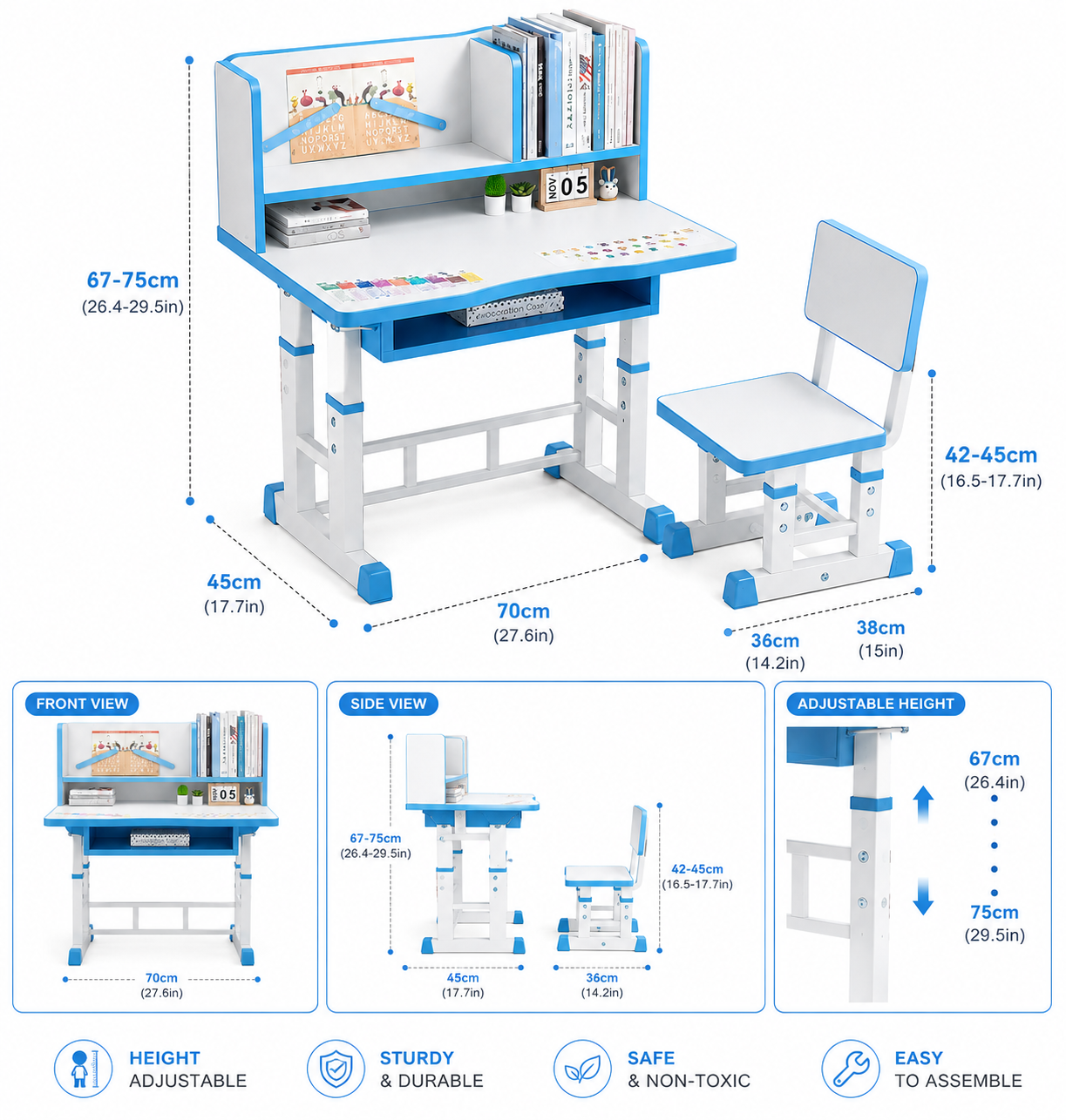 Adjustable Kids Study Desk & Chair Set with Bookshelf
