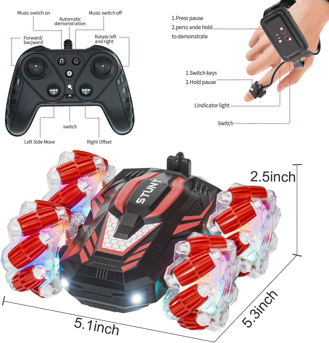 Hand Gesture Sensor Double Spray RC Stunt Car with Lights, Music, 360° Spin and Remote Control