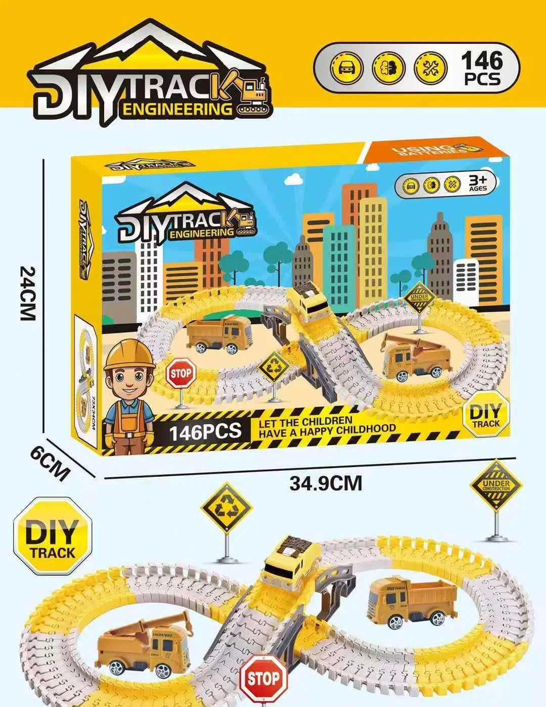 DIY Engineering Construction Track Set ā Flexible Race Track with Construction Vehicles (146 Pcs)