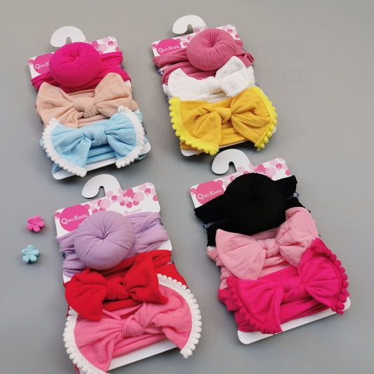 3-Piece Bold Color Baby Girl Headbands with Pom-Pom Trim – Turban Style