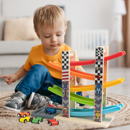 Wooden Ramp Racer Track Toy for Kids – Rainbow Car Slide Racing Set