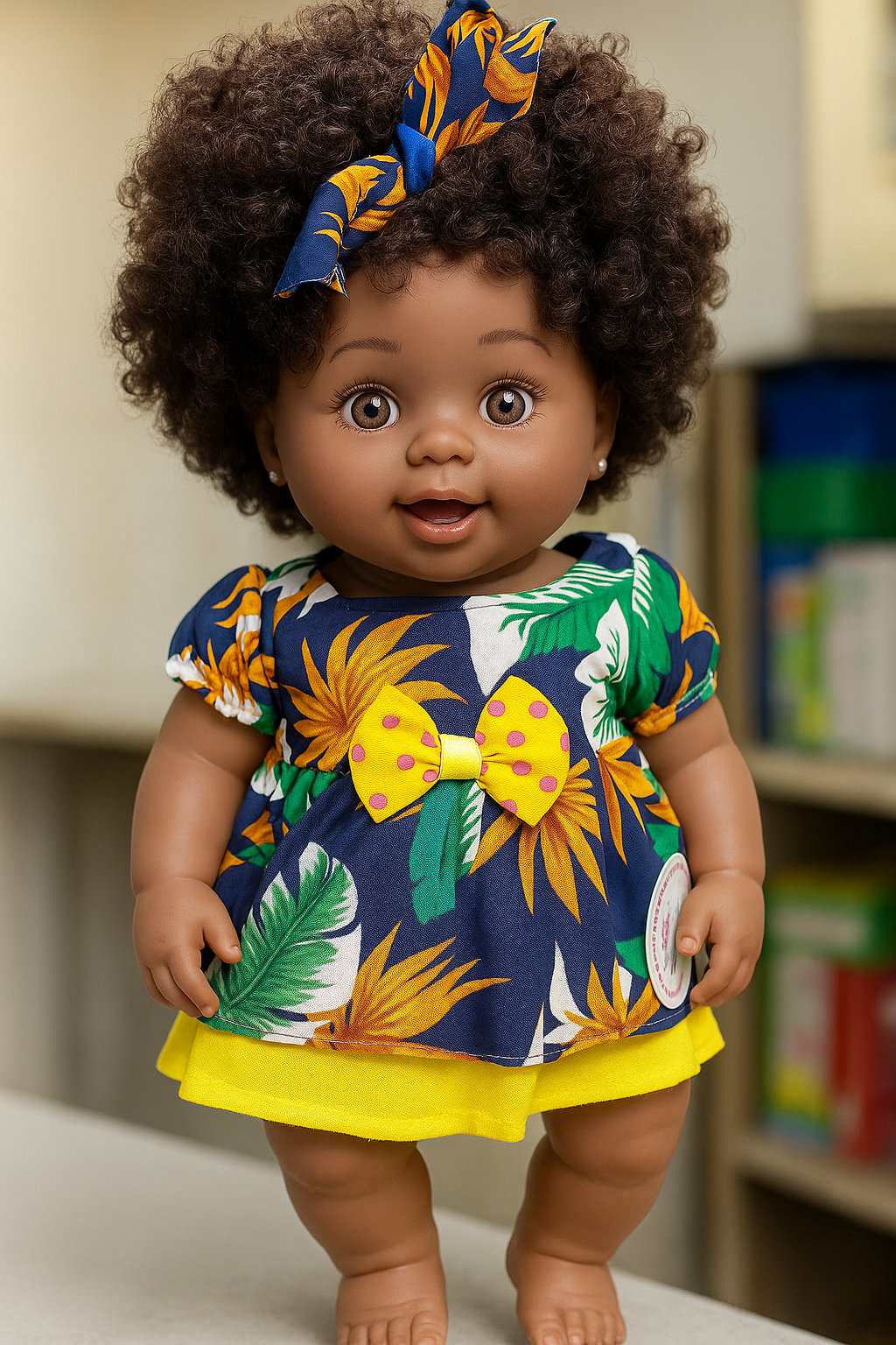 Adorable African Baby Doll with Curly Hair & Colorful Dress – 45cm