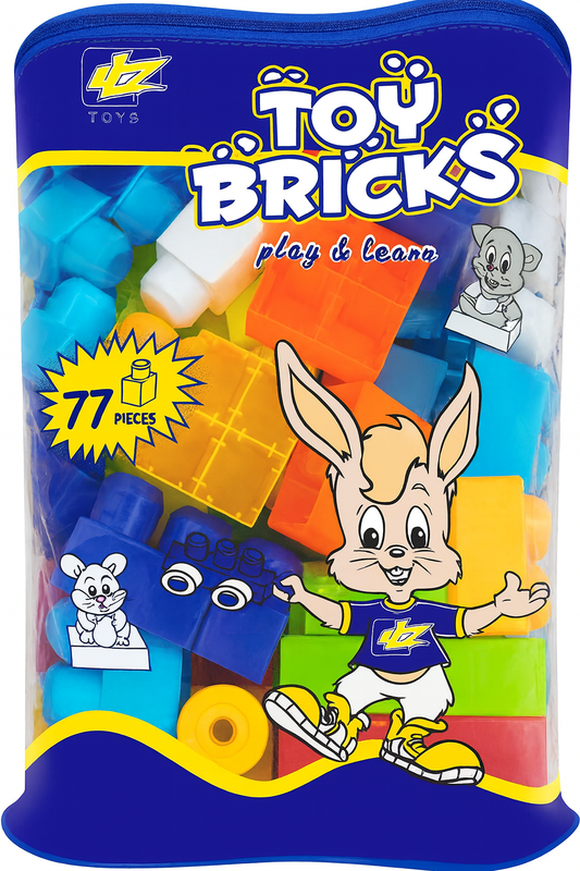 77-Piece Toy Bricks Play & Learn Set – Huge Colourful Building Blocks in Zip Bag