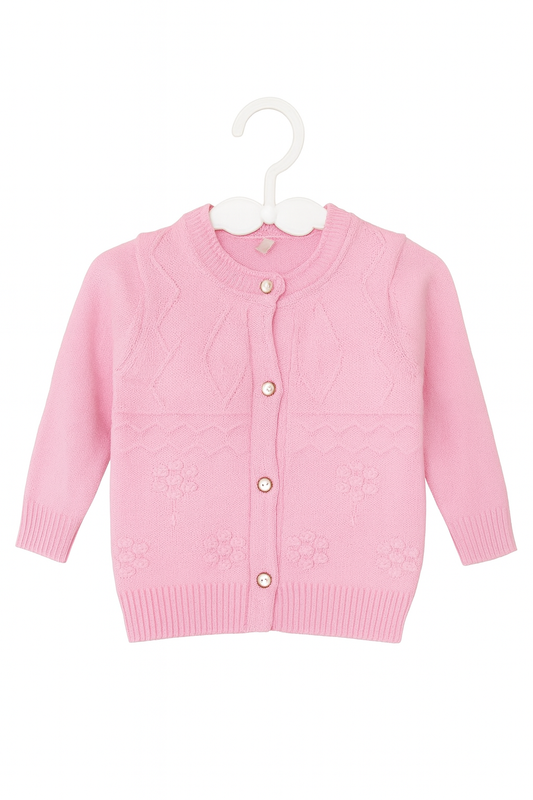Baby Girl Knitted Cardigan – Floral Pattern Button Sweater (0–24 Months)