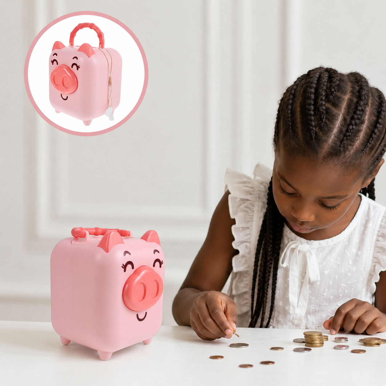 Smiley Piggy Portable Money Bank with Handle & Key – Kids Coin Saving Box