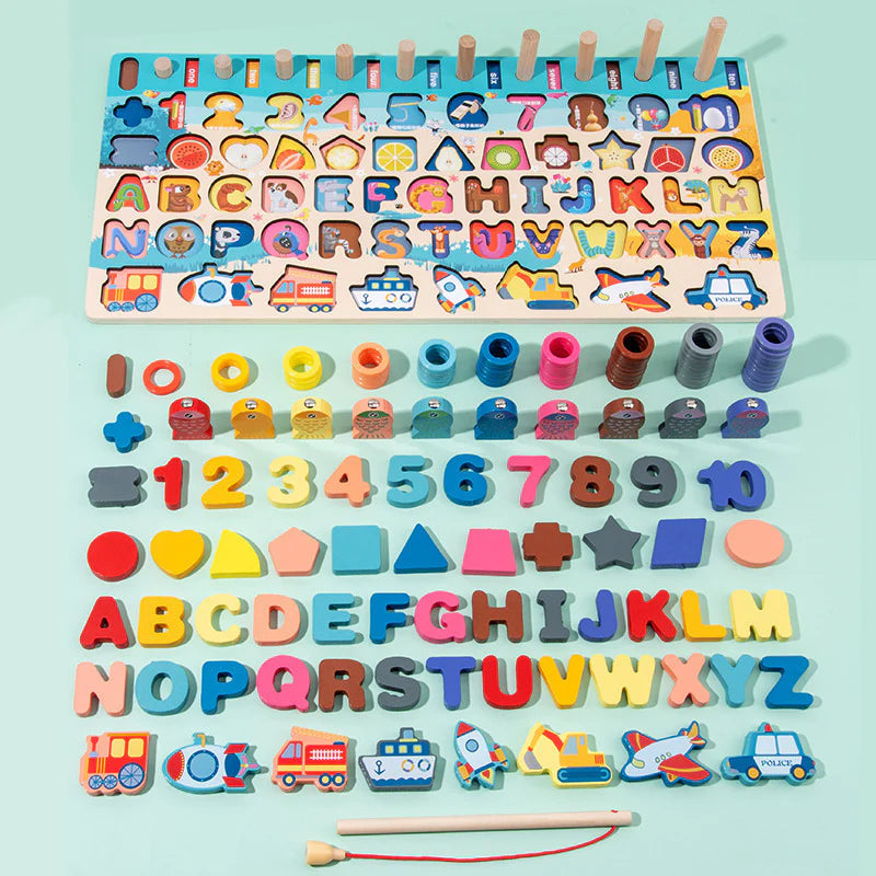 7-in-1 Wooden Traffic Matching Board – Letters, Numbers & Shapes Game for Kids
