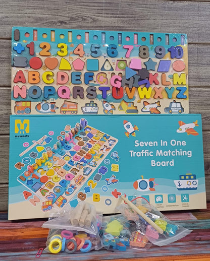 7-in-1 Wooden Traffic Matching Board – Letters, Numbers & Shapes Game for Kids