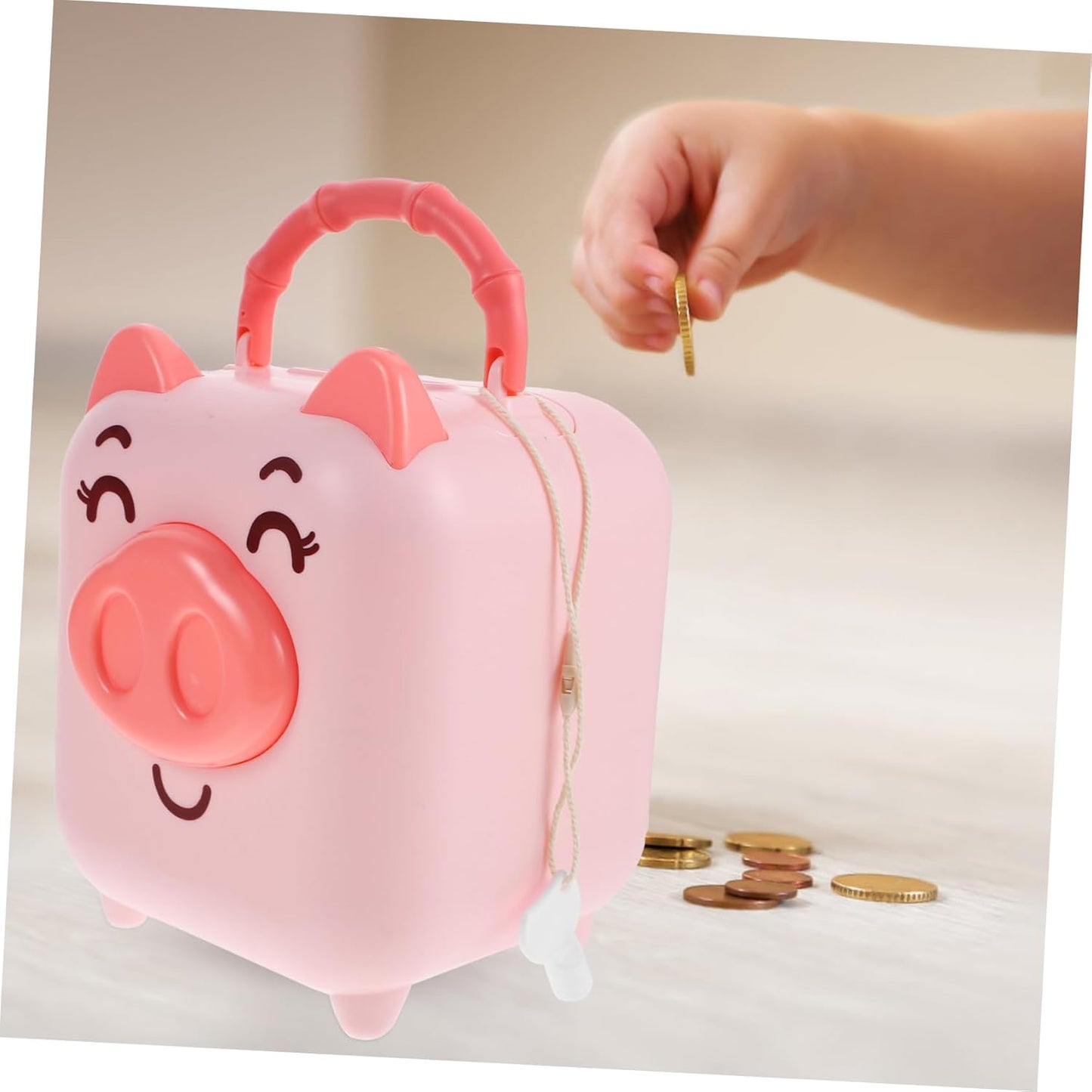 Smiley Piggy Portable Money Bank with Handle & Key – Kids Coin Saving Box