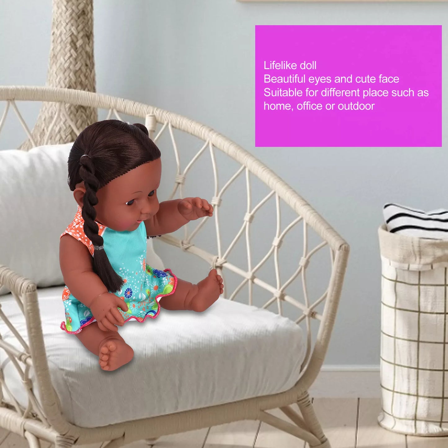 Cute African Baby Doll – Realistic Toy with Braided Hair and Dress