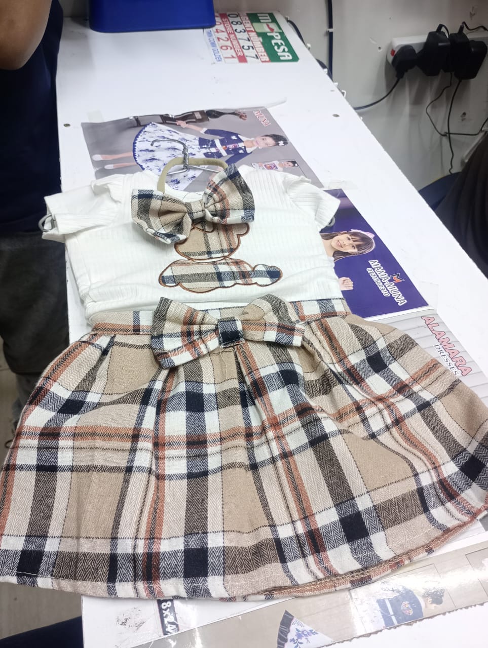 Girls' Short Sleeve Checkered Dress with Bow