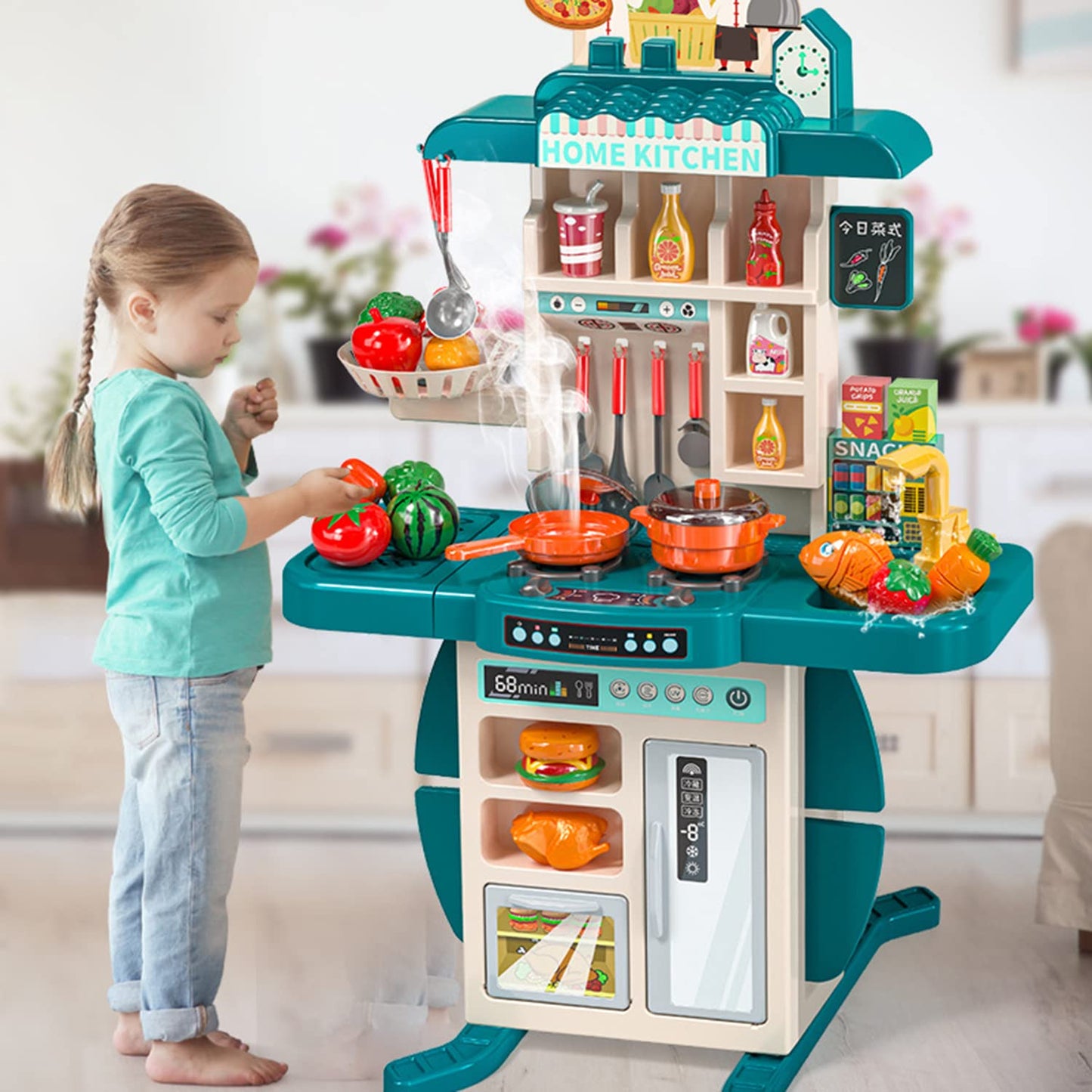 Deluxe 95cm Spraying Kitchen Playset with Lights, Sounds & Steam – Pretend Cooking Toy for Kids