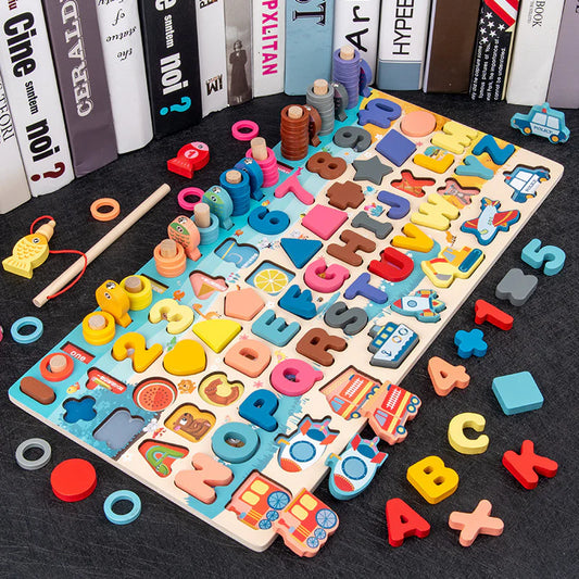 7-in-1 Wooden Traffic Matching Board – Letters, Numbers & Shapes Game for Kids