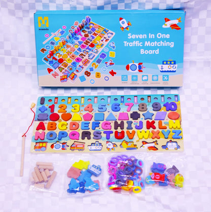 7-in-1 Wooden Traffic Matching Board – Letters, Numbers & Shapes Game for Kids