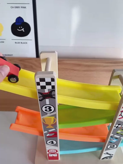 Wooden Ramp Racer Track Toy for Kids – Rainbow Car Slide Racing Set