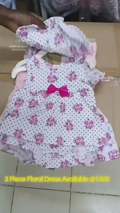Baby Girl 3-Piece Floral Dress Set – Dress, Onesies & Matching Hat
