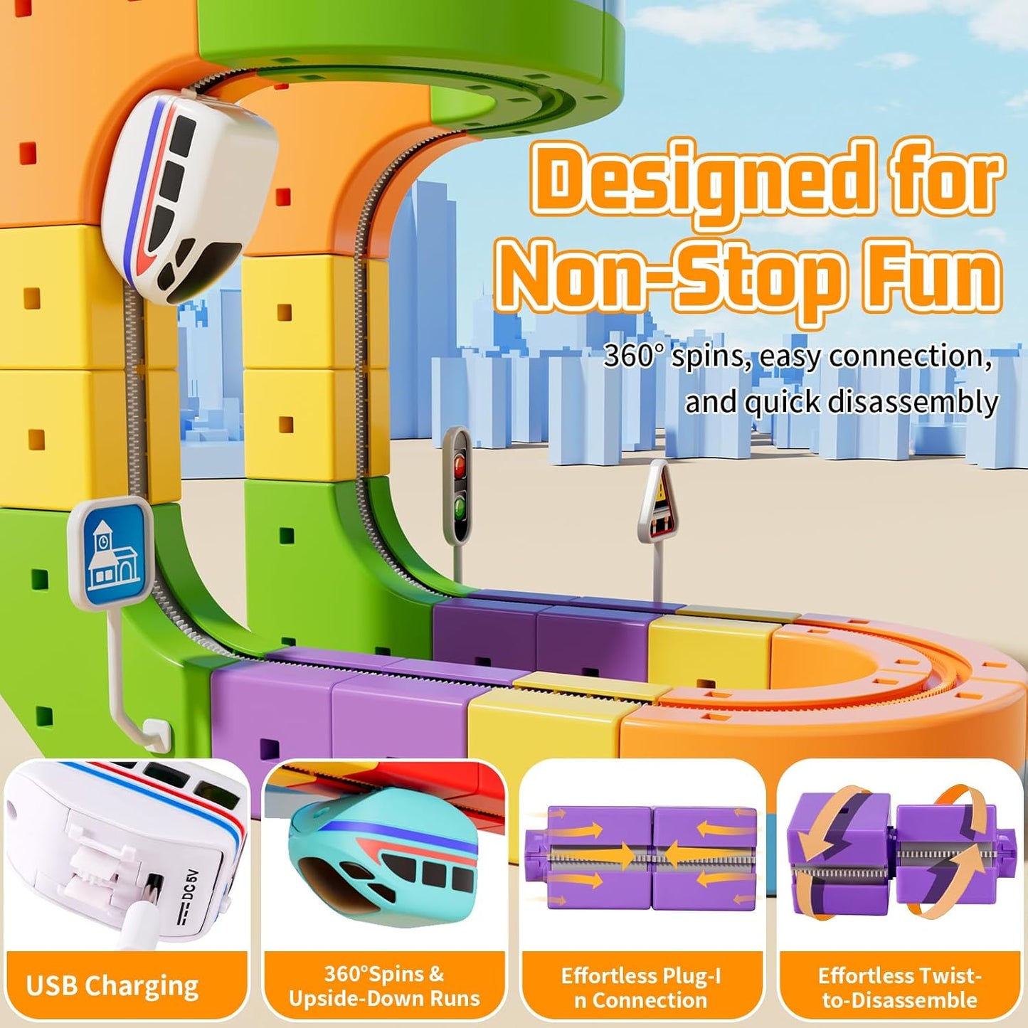 Electric Train Set with Flexible Race Track - Gravity-Defying 3D Layouts Motorized Train