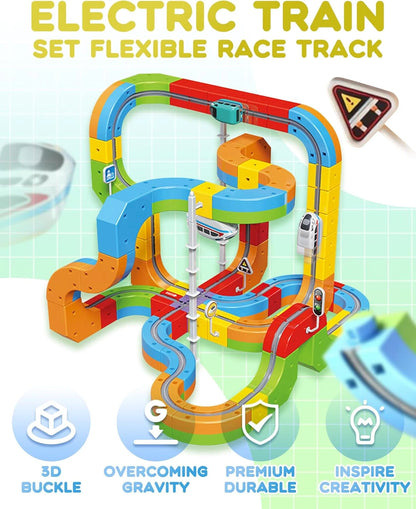 Electric Train Set with Flexible Race Track - Gravity-Defying 3D Layouts Motorized Train