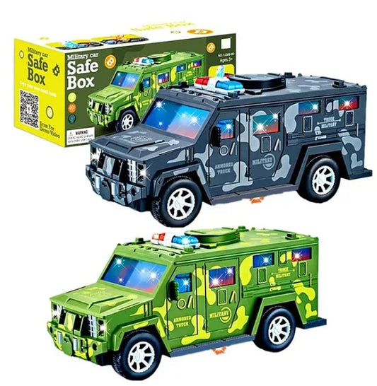 Military Car Safe Box – Light-Up Armoured Truck Money Bank Toy