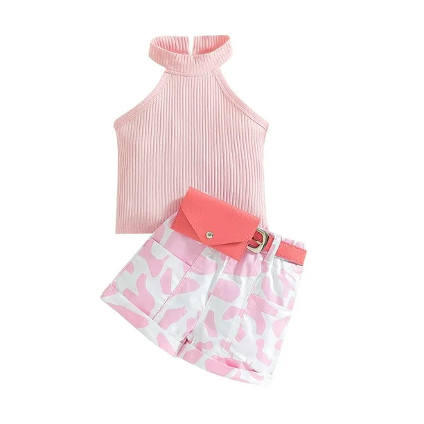 Girls' Pink Ribbed Top and Camouflage Shorts Set with Belt – 2 Piece Outfit
