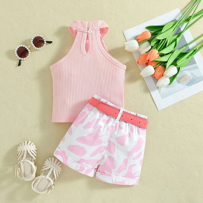 Girls' Pink Ribbed Top and Camouflage Shorts Set with Belt – 2 Piece Outfit