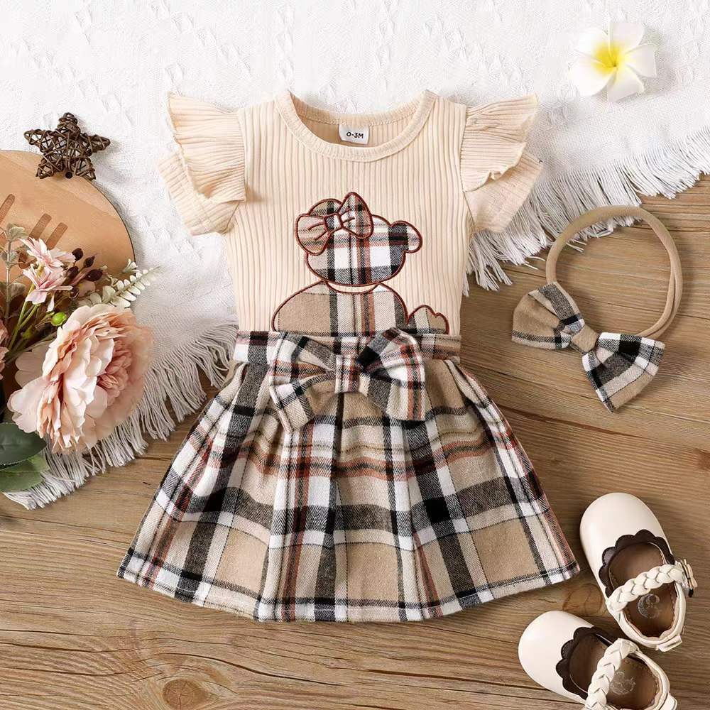 Girls' Short Sleeve Checkered Dress with Bow