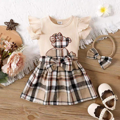 Girls' Short Sleeve Checkered Dress with Bow