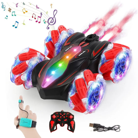 Hand Gesture Sensor Double Spray RC Stunt Car with Lights, Music, 360° Spin and Remote Control