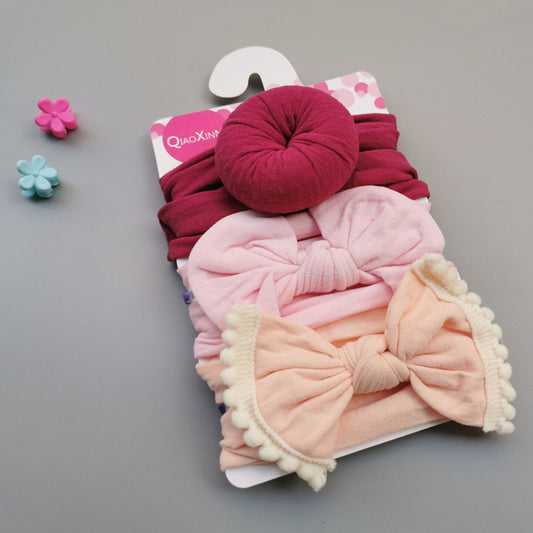 3-Piece Bold Color Baby Girl Headbands with Pom-Pom Trim – Turban Style