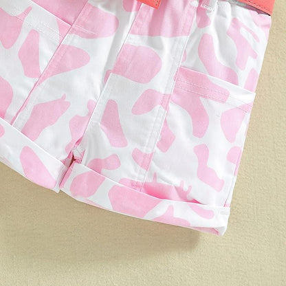 Girls' Pink Ribbed Top and Camouflage Shorts Set with Belt – 2 Piece Outfit