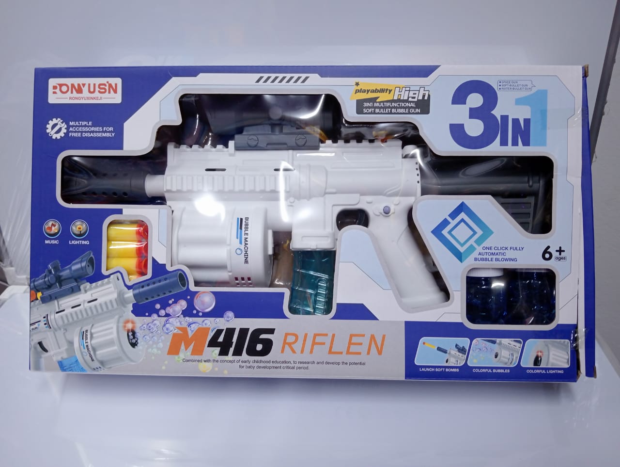 3-in-1 Soft Bullet Bubble Blaster Gun with Lights & Sound