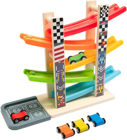 Wooden Ramp Racer Track Toy for Kids – Rainbow Car Slide Racing Set