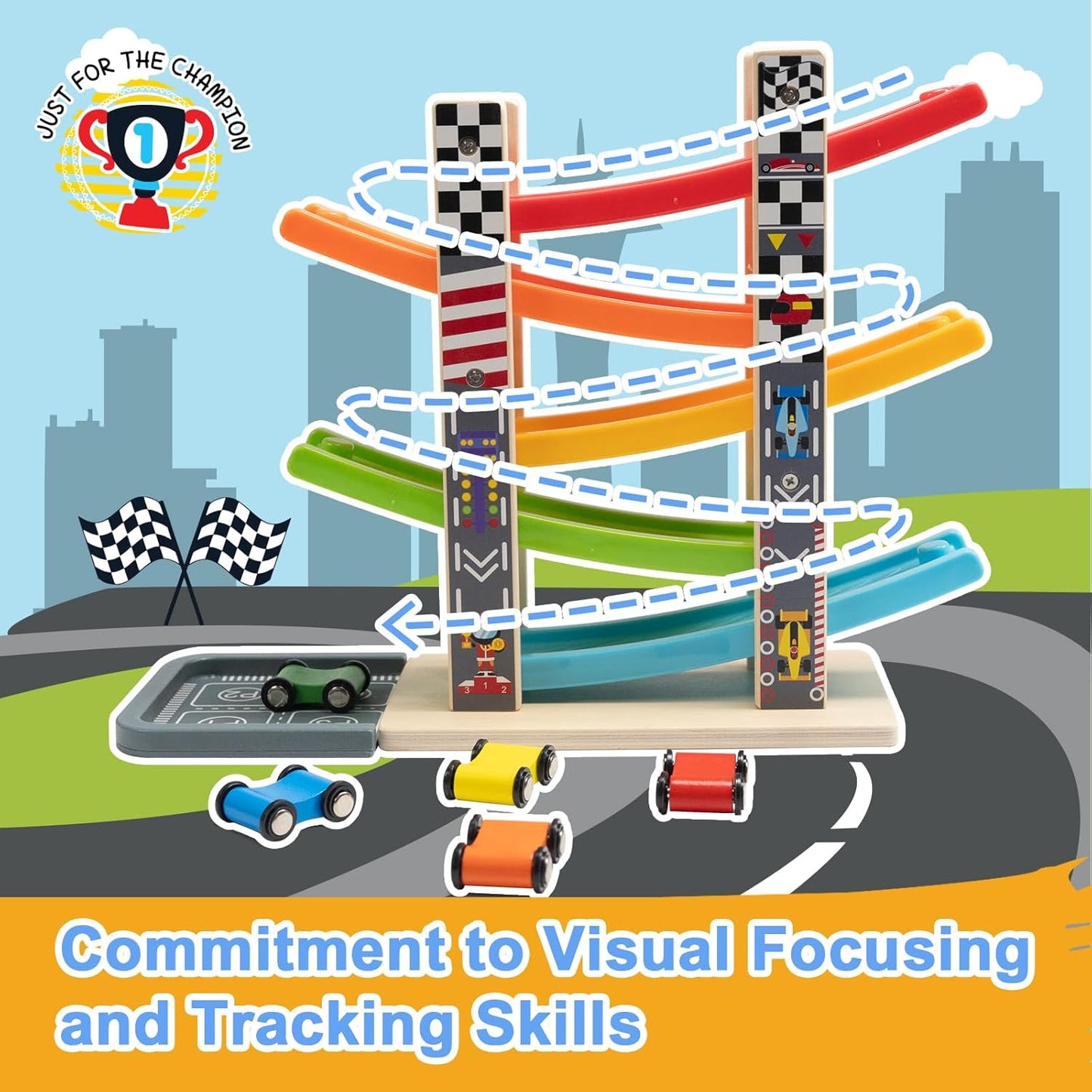 Wooden Ramp Racer Track Toy for Kids – Rainbow Car Slide Racing Set