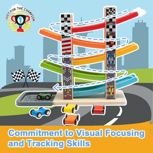 Wooden Ramp Racer Track Toy for Kids – Rainbow Car Slide Racing Set