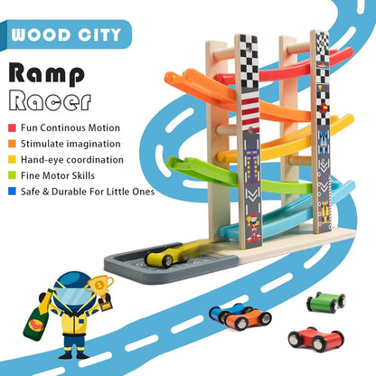 Wooden Ramp Racer Track Toy for Kids – Rainbow Car Slide Racing Set