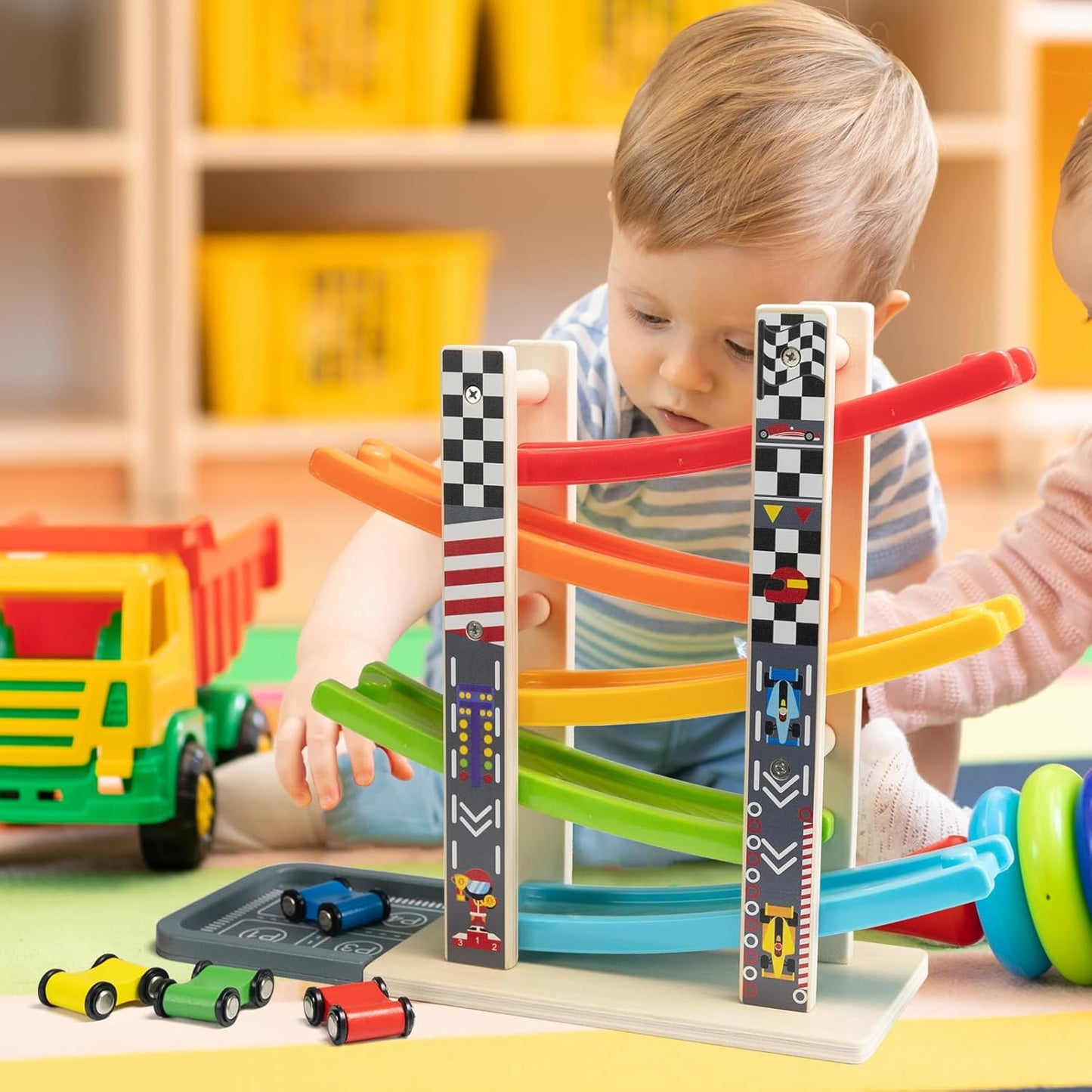 Wooden Ramp Racer Track Toy for Kids – Rainbow Car Slide Racing Set