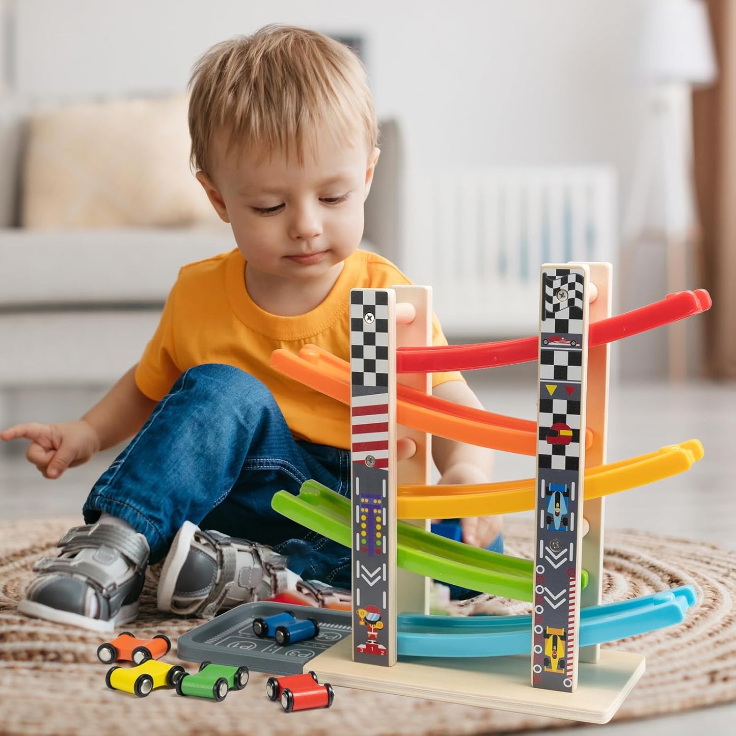 Wooden Ramp Racer Track Toy for Kids – Rainbow Car Slide Racing Set