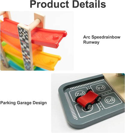 Wooden Ramp Racer Track Toy for Kids – Rainbow Car Slide Racing Set