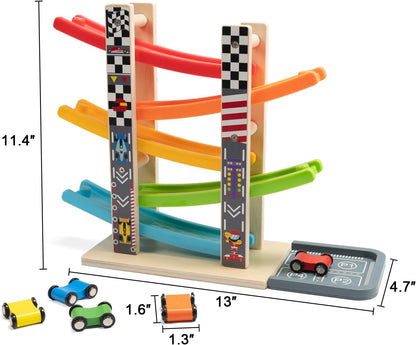 Wooden Ramp Racer Track Toy for Kids – Rainbow Car Slide Racing Set